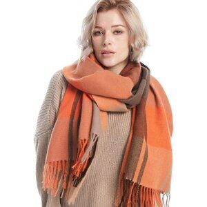 Women Orange & Gray Winter Warm Shawl Wraps Tartan Blanket Oversized Scarves